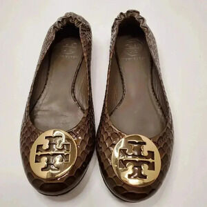 TORY BURCH Reva Ballet Flats Brown Snakeskin Print Leather w/ Gold Logo SIZE 7